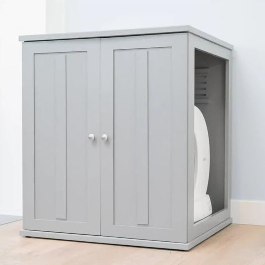 THE REFINED FELINE Refined Self-Cleaning Litter Box Cabinet, Wooden Cat Litter Box Enclosure for Automatic Litter Boxes, Smoke Gray, Shaker.