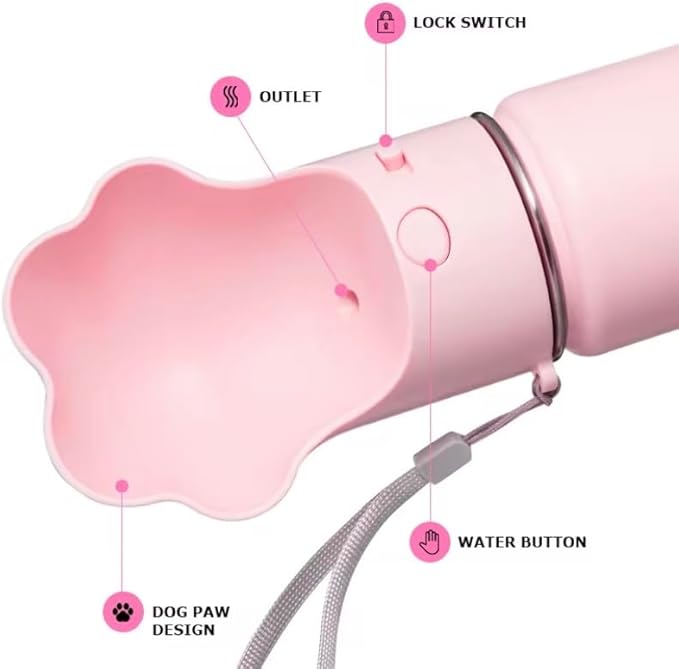 Gulp by Duna 18oz Dog Travel Water Bottle with Paw-Shaped Bowl – Insulated Stainless Steel, Leakproof & Portable with Carry Strap – Outdoor Walking, Hiking & Pet Hydration On-The-Go – Pink