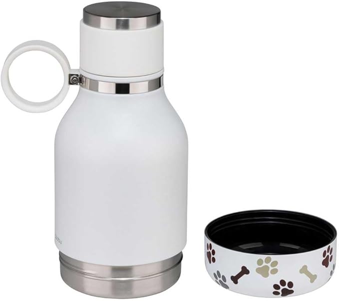 Asobu Buddy Bottle a Stainless Steel Insulated Water Bottle for with Removable Dog Water Bowl and Dog Food and Treat Storage Bowl (White, 37 oz Water Bottle with Bowl)