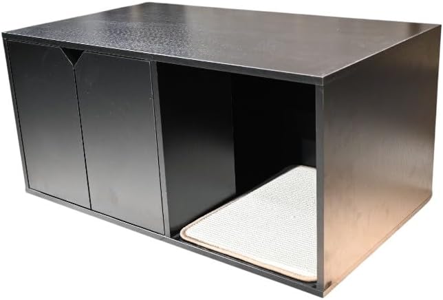 Black Cat House, Corrugated Cardboard Scratching Pad, Cozy Caves, Wood, Modern Cat Litter Box Enclosure Hidden Furniture for Indoor Kittens, 35.83x20.47x17.05 in