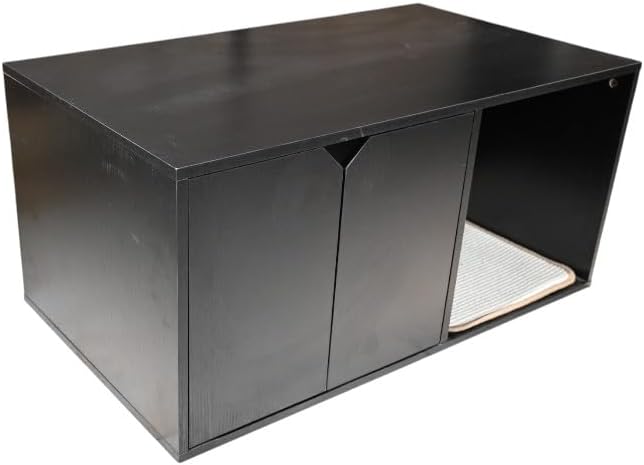 Black Cat House, Corrugated Cardboard Scratching Pad, Cozy Caves, Wood, Modern Cat Litter Box Enclosure Hidden Furniture for Indoor Kittens, 35.83x20.47x17.05 in