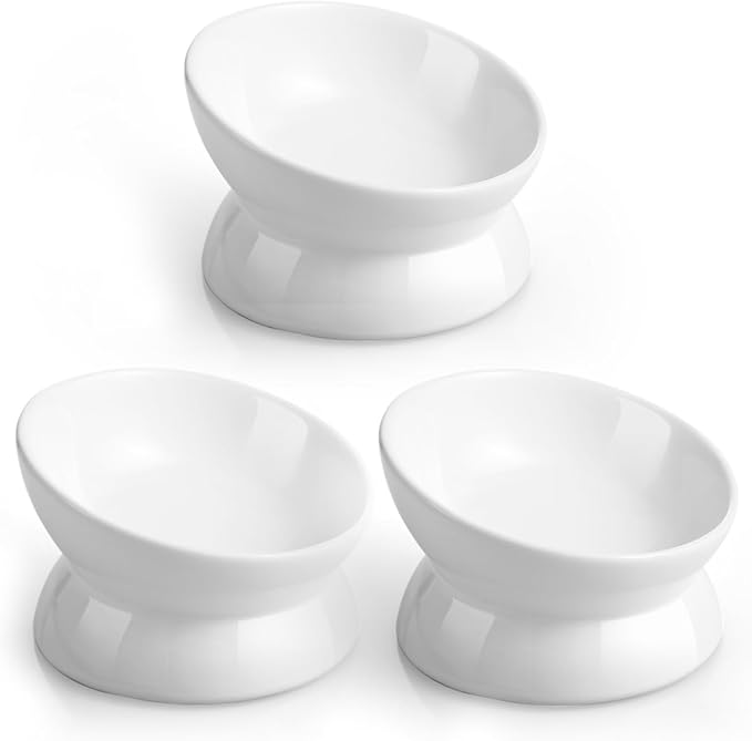 LoeJan Elevated Cat Food Bowl, 5 Oz Ceramic Raised and Tilted Water Bowl, Anti Vomiting and Protect Pets' Spines Dishes for Small Dog, Fat Faced Cat, Kitten (White, 3 Pack)