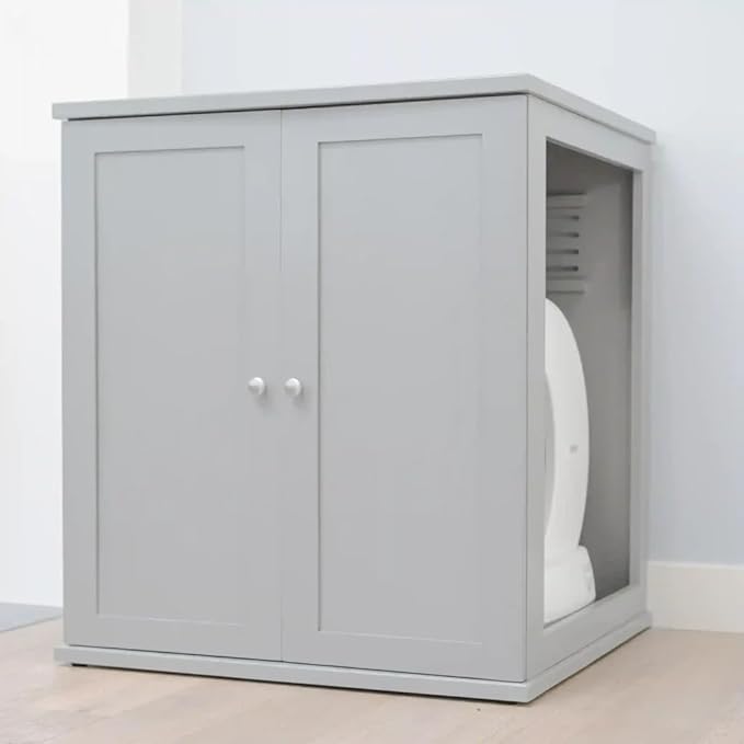 THE REFINED FELINE Refined Self-Cleaning Litter Box Cabinet, Wooden Cat Litter Box Enclosure for Automatic Litter Boxes, Smoke Gray, Modern.