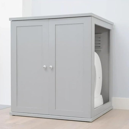 THE REFINED FELINE Refined Self-Cleaning Litter Box Cabinet, Wooden Cat Litter Box Enclosure for Automatic Litter Boxes, Smoke Gray, Modern.