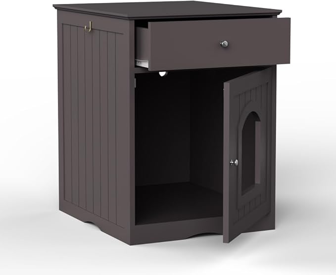 Cat Litter Box Enclosure Furniture with Drawer - Wooden Hidden Litter Box Cabinet, Indoor Pet Crate & Cat House Nightstand, Side Table for Living Room, 18.9" W x 20.9" D (Brown + Solid Wood)