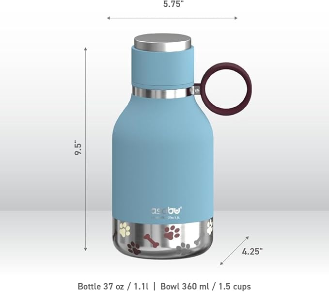 Asobu Buddy Bottle a Stainless Steel Insulated Water Bottle for with Removable Dog Water Bowl and Dog Food and Treat Storage Bowl (Blue, 37 Oz Water Bottle with Bowl)
