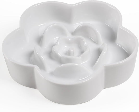 Ceramic Slow Feeder Dog/Cat Bowl, Anti-Choking Slow Food Bowls, 8" 11.3oz Slow Feeder for Medium, Large Breeds, Plum Puzzle Design, Non-Slip Silicone, Dishwasher and Microwave Safe, White