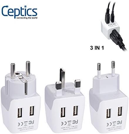 Ceptics Complete European Set Travel Adapter Plug by Ceptics With Dual USB - Type G, E/F, C - London - USA Input - Light Weight - Perfect for Cell Phones, Chargers, Cameras and More - 3 Pack