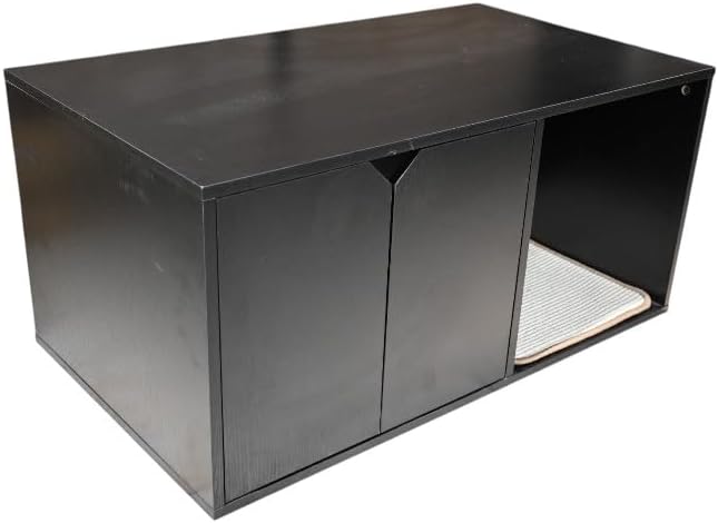 Black Cat House, Corrugated Cardboard Scratching Pad, Cozy Caves, Wood, Modern Cat Litter Box Enclosure Hidden Furniture for Indoor Kittens, 35.83x20.47x17.05 in