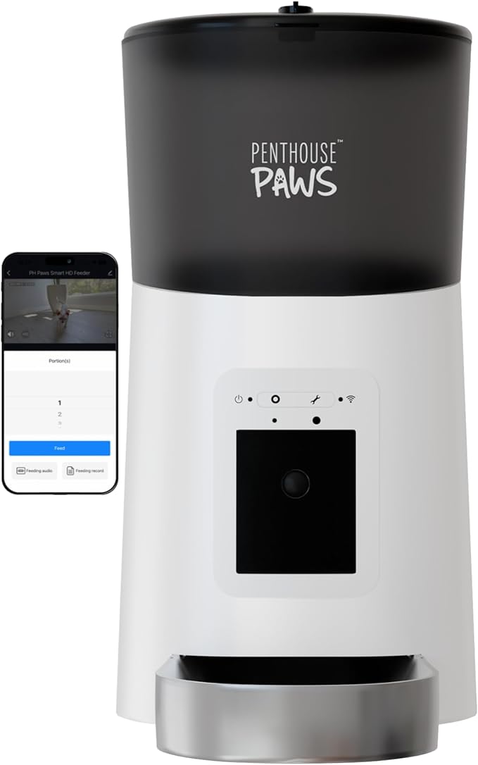 Smart HD Automatic Cat Feeder with 1080P Camera & Night Vision, 2-Way Audio, WiFi App Control, Anti-Jam 6L Cat Feeder with Backup Power, Easy to Clean, Up to 15 Meals for Cat & Dog, White Stainless
