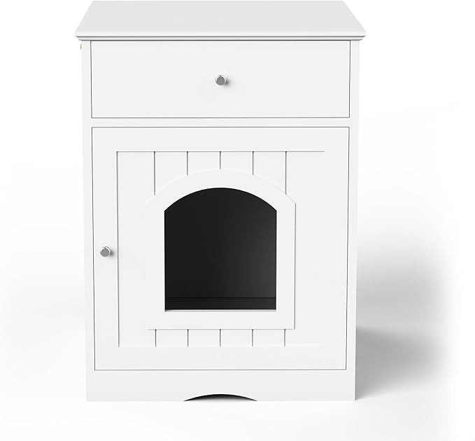 GDFStudio Cat Litter Box Enclosure Furniture, Hidden Litter Box Cabinet with Drawer & Door, Decorative Litter House, Covered Cats Shelter Nightstand, Cat Boxes Enclosure Fits Most Cats, White