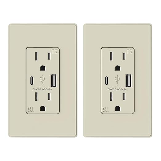 ELEGRP USB Charger Wall Outlet, USB Receptacle with USB A & USB C Ports, 15 Amp Duplex Tamper Resistant Receptacle Plug NEMA 5-15R, Wall Plate Included, UL Listed, 2 Pack, Matte Light Almond