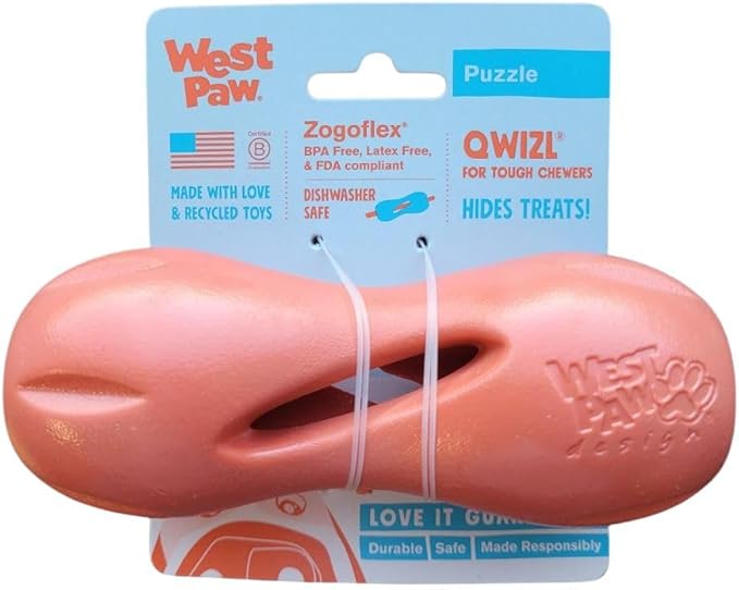 West Paw Qwizl Treat Dispensing Dog Toy for Tough Chewers- Durable Long Lasting Chew and Fetch Toy Keeps Dogs Engaged- Dishwasher Safe Safe Materials Made in USA - Cardinal Red, Small