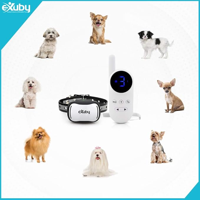 eXuby - Tiny Shock Collar for Small Dogs 5-15lbs - Smallest Collar on The Market - Sound, Vibration, & Shock - 9 Intensity Levels - Pocket-Size Remote - Long Battery Life - Water-Resistant - White