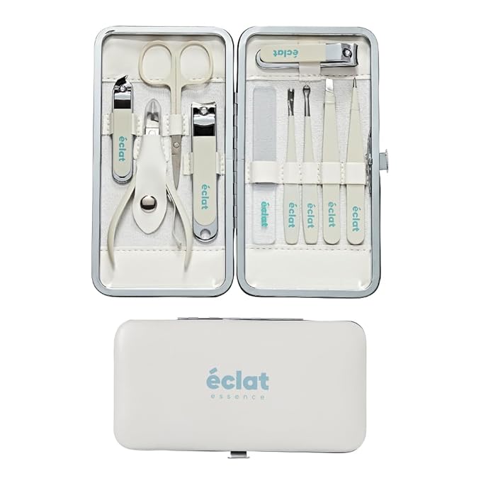 Éclat Manicure Pedicure Kit for Men & Women, 10Pcs Finger & Toe Nail Care Tools Includes Nail Clipper Cutter, Tweezer, File, Cuticle Pusher, Personal Care Professional Grooming Set With Travel Case