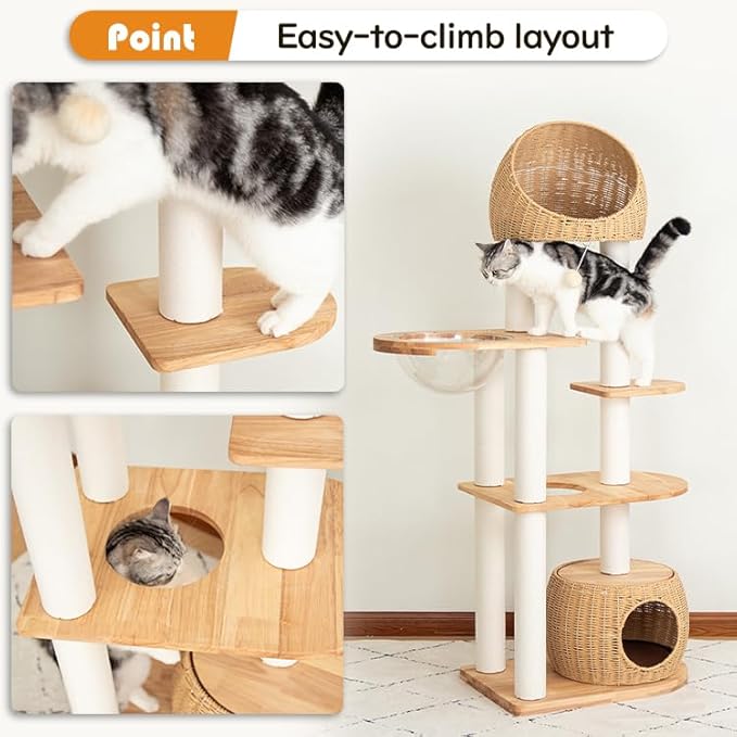 Wood Cat Tree for Large Cat, 60-Inch Tall Cat Tower with Scratching Post for Indoor Cats, Multi-Level Cat Condo with Hand-Woven Cat Bed and Acrylic Bowl Easy to Clean (Brown-81004S)