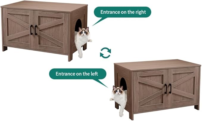Cat Litter Box Enclosure, Litter Box Furniture Hidden with Barn Door, Wooden Kitty Washroom Furniture, Cat House, End Table, Fit Most of Litter Box (Spacious + Greige + Wood)