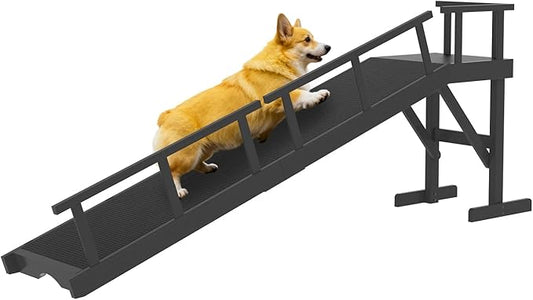 25" Height Dog Ramp for Bed, 73" Long Large Pet Ramp with Non-Slip Surface, Wooden Dog Ramp with Removable Rail & Rest Platform, Also as Dog Stairs for Small Senior Dogs with Glow Strips, Black