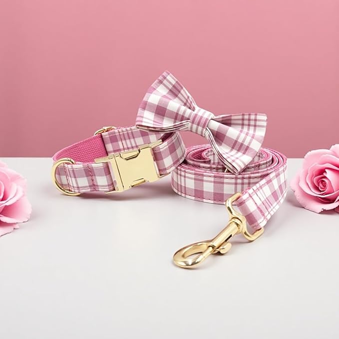 PETDURO Personalized Dog Collar Pink Plaid for Large Medium Dogs | Engraved Name and Phone Number on Gold Metal Buckle for Girls | Add Leash & Bow Tie via Customize Now