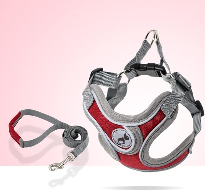 Dog Harness with Leash, Soft Adjustable Step in Reflective Strips Collars Harness Vest for Small Medium Dogs Training and Running (M, Christmas Red)