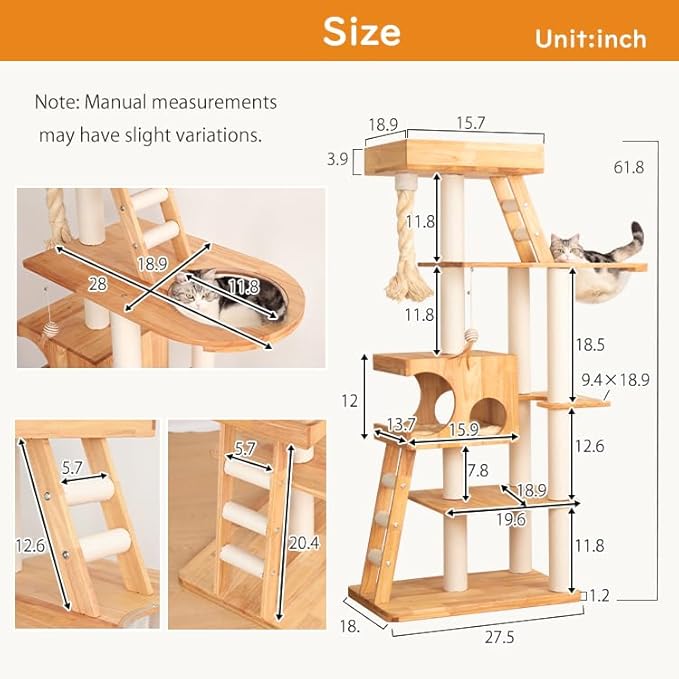 Modern Cat Tree for Large Cats, Solid Wood Cat Tower Heavy Duty with Scratch Post Stair Cat Condo Acrylic Bowl for Indoor Big Cats (Natural Wood SP160)