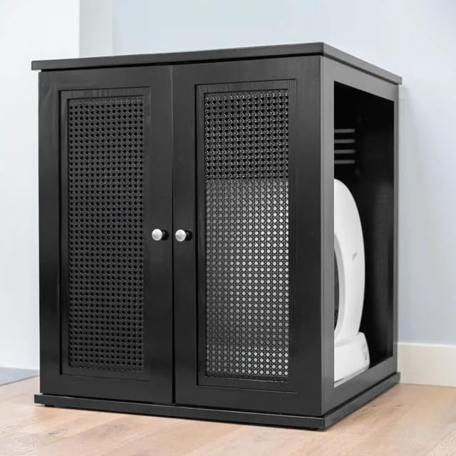 THE REFINED FELINE Refined Self-Cleaning Litter Box Cabinet, Wooden Cat Litter Box Enclosure for Automatic Litter Boxes, Dark Espresso, Cane Weave.