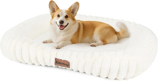 Dog Bed Large Size Dogs Washable Soft Furry Pet Bed, Calming Rectangle Large Dog Bed with Removable Cover & Anti-Slip Bottom, Orthopedic Anti-Anxiety Pet Bed with Handle, 35x27x5inches, Cream