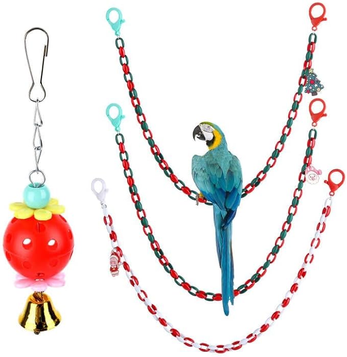 Christmas Parakeet Cockatiel Bird Toys,Plastic Chain Links Bird Cage Accessories Mix Color Hammock Swing Toy for Budgerigar, Conures, Love Birds, Finches, Mynah