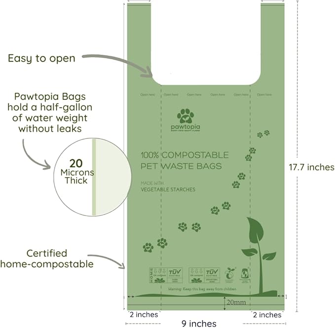 Pawtopia Pet Waste Bag Duo - 120 Standard Sized-Dog Poop Bags (8 rolls) + 100 Extra Large Cat Litter Bag with Handles (1 single roll), Vegetable Starches, Tuv Austria, Leak-Proof, Yard Pickup