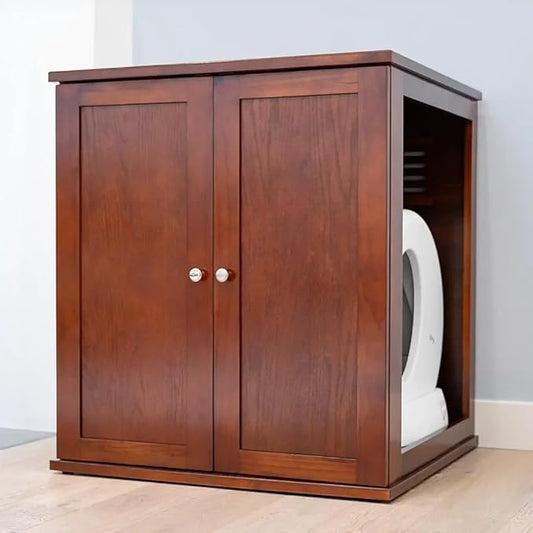 THE REFINED FELINE Refined Self-Cleaning Litter Box Cabinet, Wooden Cat Litter Box Enclosure for Automatic Litter Boxes, Mahogany, Modern.