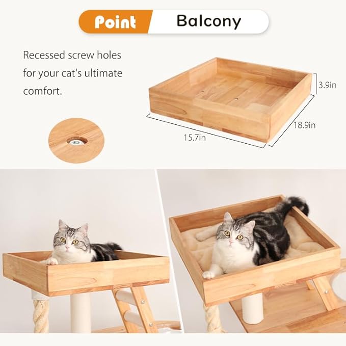 Modern Cat Tree for Large Cats, Solid Wood Cat Tower Heavy Duty with Scratch Post Stair Cat Condo Acrylic Bowl for Indoor Big Cats (Natural Wood SP160)