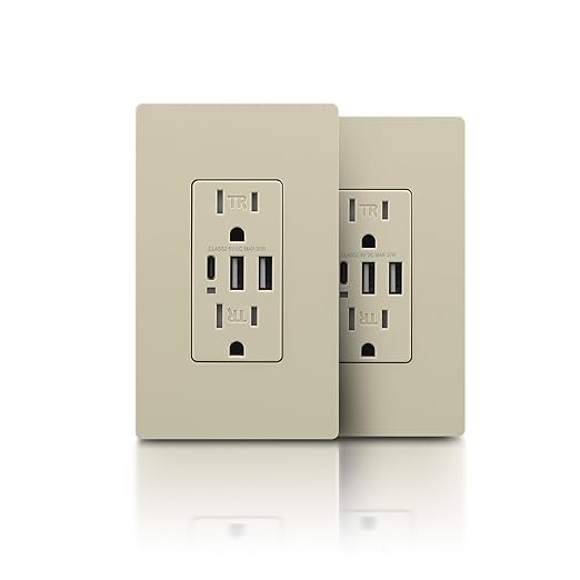 TOPELER USB Wall Outlet, 30W 6.0A USB C Electrical Outlet, 15 Amp Tamper-Resistant Receptacle Plug, Charging Power Outlet with USB-A&C Ports, UL & FCC Listed, Screwless Wall Plate, Ivory, 2 Pack