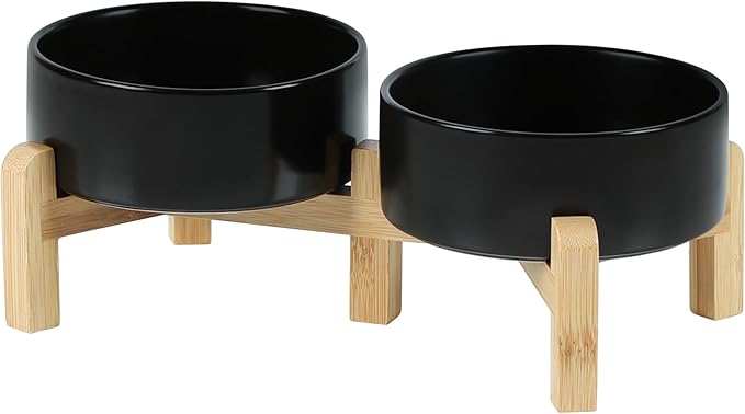 Ceramic Raised Double Bowls Set with Stand, 2 Heights Elevated, Food & Water Bowls for Small Breed Dogs, Cats, Kitty, Weighted Dog Dishes, Pet Bowls(5.1'',13.5oz, Black)