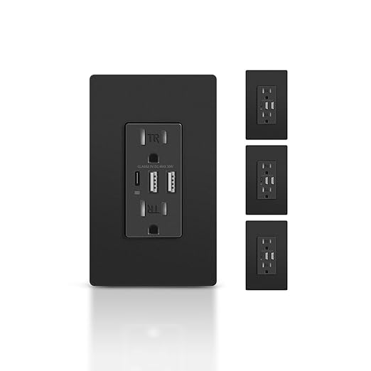 TOPELER USB Outlet, 3-Port USB Type C Electrical Socket, 15 Amp Tamper Resistant Receptacle Plug, 6.0A USB Charging Power Outlet, Wall Plate Include, UL & FCC Listed, 4 Pack