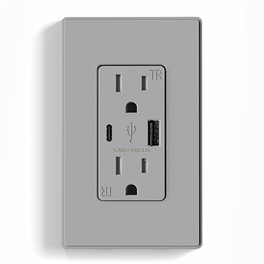 ELEGRP Charger Wall Outlet With USB A & C Ports, 15 Amp Duplex Tamper Resistant Receptacle Plug NEMA 5-15R, Wall Plate Included, UL Listed, 1 Pack, Matte Grey