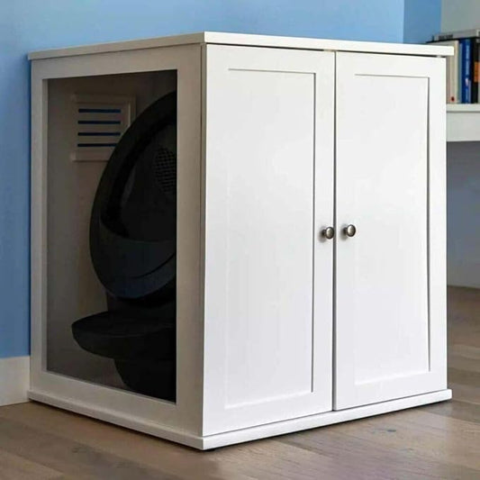 THE REFINED FELINE Refined Self-Cleaning Litter Box Cabinet, Wooden Cat Litter Box Enclosure for Automatic Litter Boxes, White, Modern.