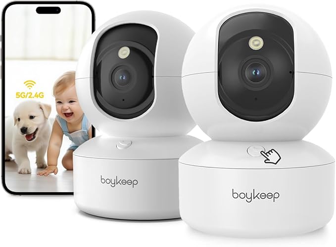 BoyKeep 2K Pet Camera, Indoor Security Camera, 5G/2.4GHz WiFi Cameras for Baby Dog with Phone App, 360° Pan & Tilt, 2-Way Audio, Color Night Vision, New Version w/Cloud Storage (White-2 Pack)