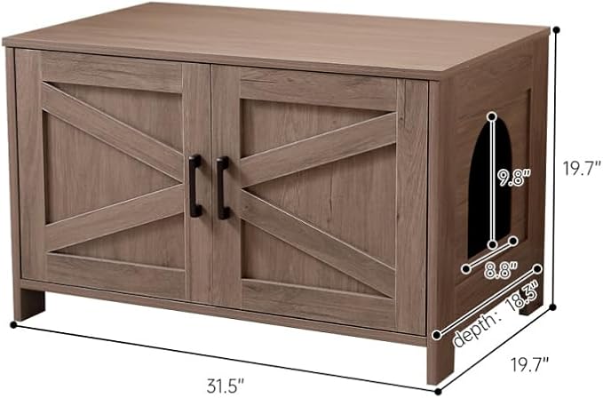 Cat Litter Box Enclosure, Litter Box Furniture Hidden with Barn Door, Wooden Kitty Washroom Furniture, Cat House, End Table, Fit Most of Litter Box (Spacious + Greige + Wood)
