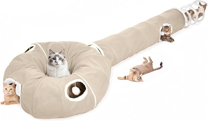 Ownpets 2-in-1 Cat Tunnel, Large Lollipop Shape Cat Tunnel Toy with Fluffy Balls, Spiral Toy, Plush Collapsible Cat Cave Hideout Donut Tunnel for Multi Kitten Puppy Rabbit (Beige)