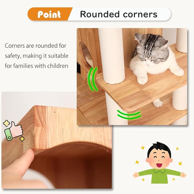 Modern Cat Tree for Large Cats, Solid Wood Cat Tower Heavy Duty with Scratch Post Stair Cat Condo Acrylic Bowl for Indoor Big Cats (Natural Wood SP160)