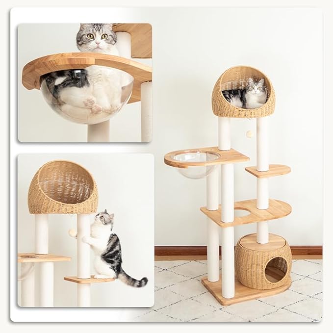 Wood Cat Tree for Large Cat, 60-Inch Tall Cat Tower with Scratching Post for Indoor Cats, Multi-Level Cat Condo with Hand-Woven Cat Bed and Acrylic Bowl Easy to Clean (Brown-81004S)