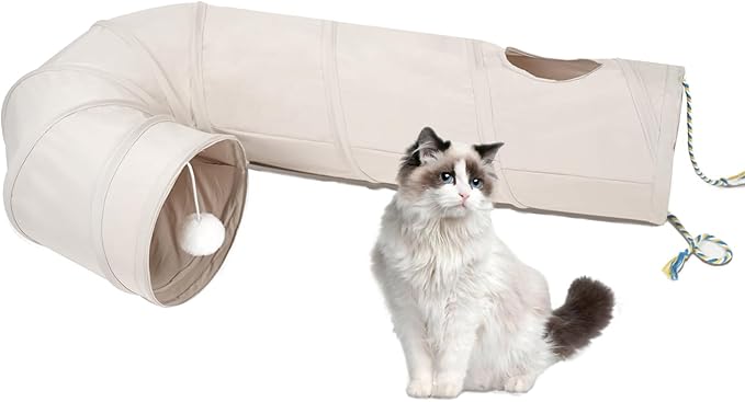 Cat Tunnel, 2-Way Collapsible Cat Tube with Interactive Peek-A-Boo Hole, Toy Ball, and Rope – Ideal for Indoor Cats, Kittens, and Rabbits, Beige