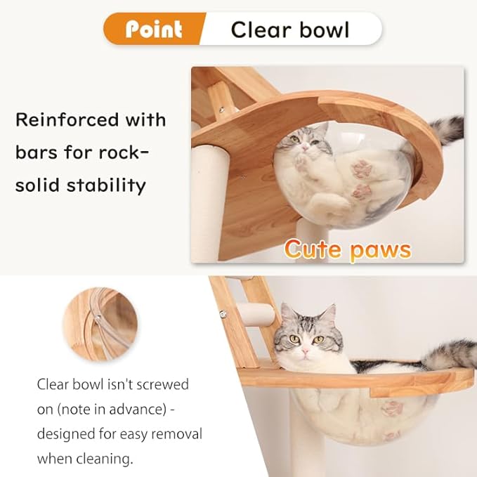 Modern Cat Tree for Large Cats, Solid Wood Cat Tower Heavy Duty with Scratch Post Stair Cat Condo Acrylic Bowl for Indoor Big Cats (Natural Wood SP160)