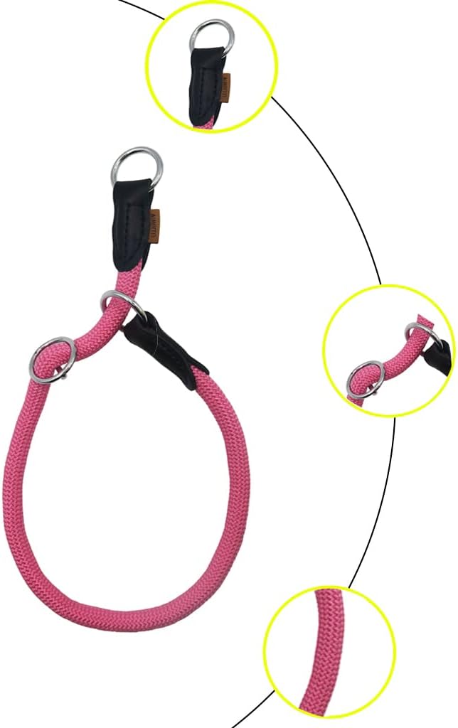 Braided Round Martingale Dog Collar, Training Collar with Slidable Stop Ring - Ideal for Small Medium Dogs (M- (1/3") - 18" Long, Pink)