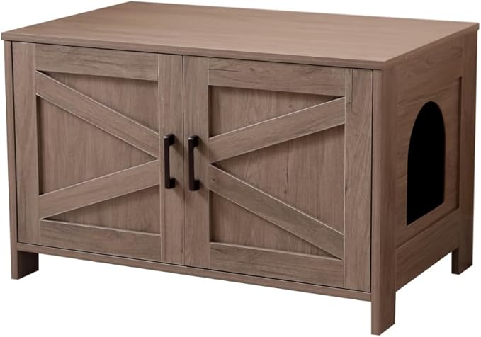 Cat Litter Box Enclosure, Litter Box Furniture Hidden with Barn Door, Wooden Kitty Washroom Furniture, Cat House, End Table, Fit Most of Litter Box (Spacious + Greige + Wood)