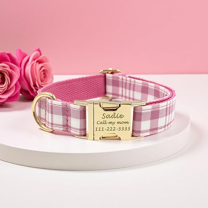 PETDURO Personalized Dog Collar Pink Plaid for Large Medium Dogs | Engraved Name and Phone Number on Gold Metal Buckle for Girls | Add Leash & Bow Tie via Customize Now