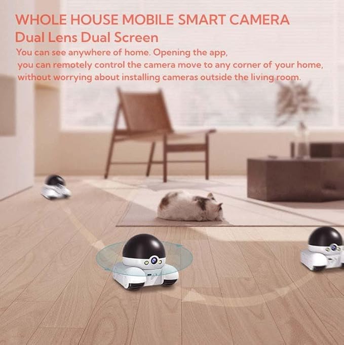 Movable 2MP+2MP Dual Lens Dual Screen Pet Robot 2.4 GHz WiFi Smart Home Security Camera P 360°/T 90° Rotation Monitoring Phone App 2 Way Audio Motion Detection Alerts Night Vision Cat Dog Camera