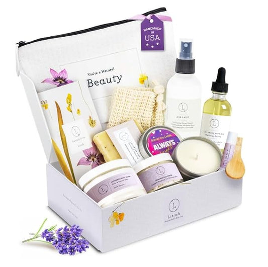 Lizush Luxury Spa Gifts for Women - 9 Piece Lavender Gifts for Her, Gift Baskets, Body Care Set for Mom, Birthday Box For Women, Self Care Spa Kit For Wife - Handmade in the USA