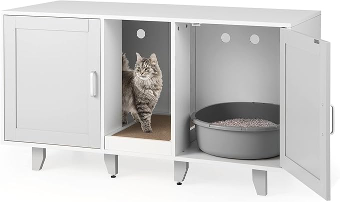 Tangkula Double Cat Litter Box Enclosure for 2 Cats, Large Stackable Hidden Privacy Cat Washroom Cabinet with Scratching Board, Indoor Cat House TV Stand Side Table, Litter Box Furniture (Grey)