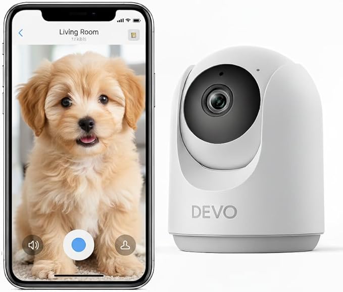 Devo Indoor Smart Cameras for Home Security 2K, 355° Pan-Tilt Human Pet Dog Baby Monitor Camera with Phone App, WiFi Motion Detection, 2-Way Audio, Color Night Vision 256GB SD Card & Cloud White